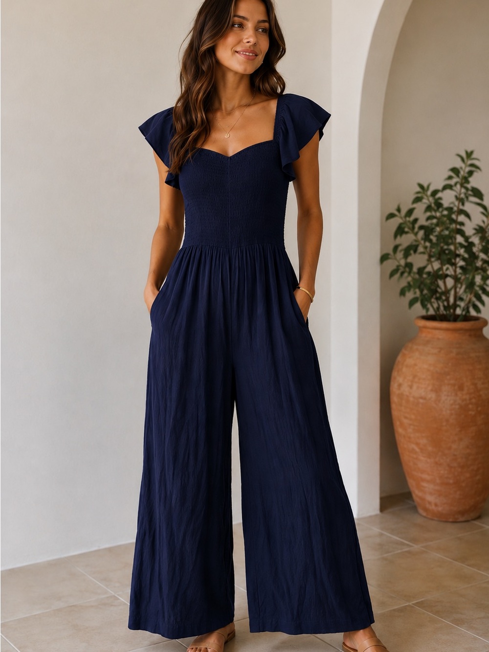 Japna Navy Smocked Square-Neck Wide-Leg Jumpsuit with Flutter Sleeves